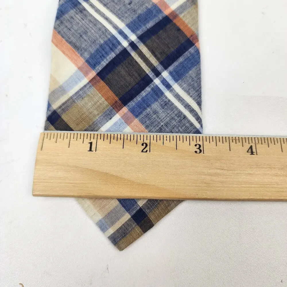 Lord & Taylor Casual Madras Tie Necktie Blue Orange Tan Plaid 100% Cotton 3